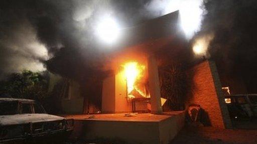 The US Consulate in Benghazi is seen in flames during a protest by an armed group said to have been protesting a film being produced in the US, 11 September 2012