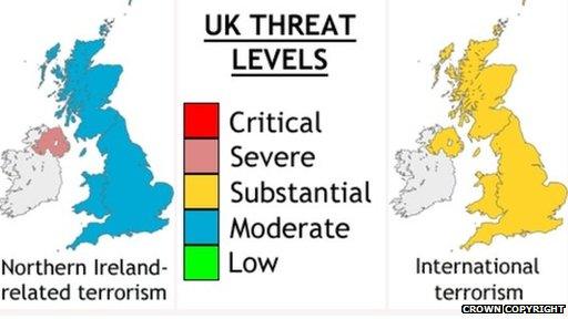 MI5 map of British Isles indicating terror threat