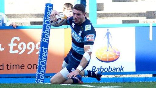 Wing Alex Cuthbert scores a try for the Cardiff Blues