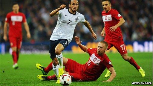 Andros Townsend of England evades Kamil Glik of Poland during the Fifa World Cup qualifying match