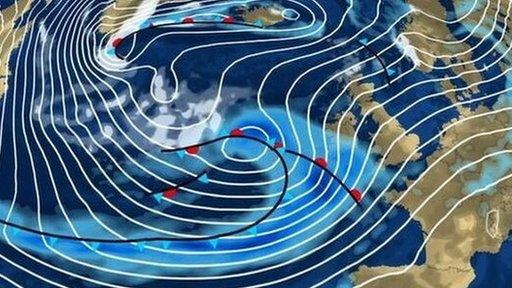 Weather graphic showing heavy rain and strong winds forecast to hit Britain