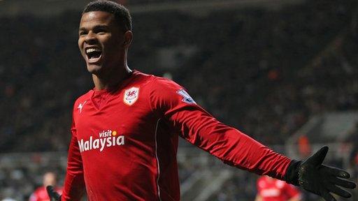 Cardiff City player Fraizer Campbell celebrates scoring against Newcastle United