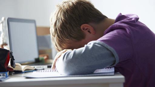 Boy with head in hands in front of a computer