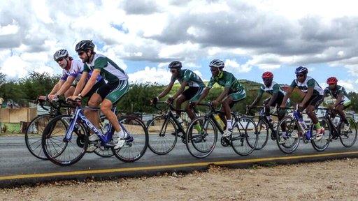 Mark Beaumont (front left) and Dan Craven (front right) enjoying a bike ride in Namibia