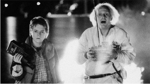 Michael J Fox as Marty McFly, left, and Christopher Lloyd as inventor Doctor Emmett Brown in Back to the Future