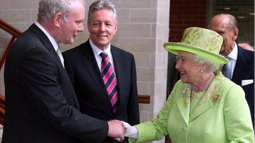 Sinn Féin's Martin McGuinness shook hands with the Queen for the first time when she visited Belfast's Lyric Theatre in June 2012