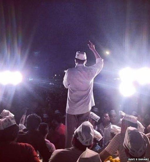 rvind Kejriwal, the Aam Aadmi Party candidate from Varanasi, speaks during a public meeting near Banaras Hindu University.
