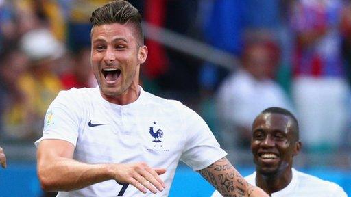 Olivier Giroud celebrates scoring for France against Switzerland at the World Cup