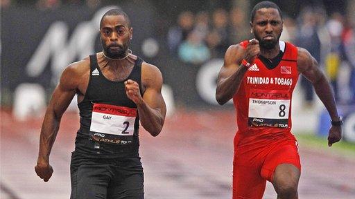 Tyson Gay on his way to victory over Richard Thompson in Paris