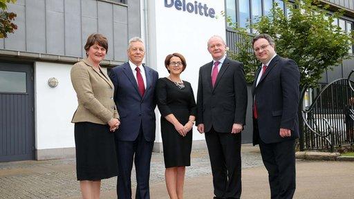 Stormont Ministers, Arlene Foster, Peter Robinson, Jackie Henry from Deloitte, Martin McGuinness and Stephen Farry.