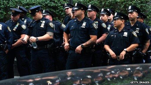 Police officers gather on 48th Street