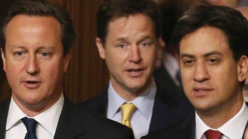 David Cameron, Nick Clegg and Ed Miliband