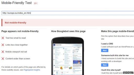 EU's Google mobile friendly test results