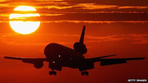 aeroplane in flight at sunset