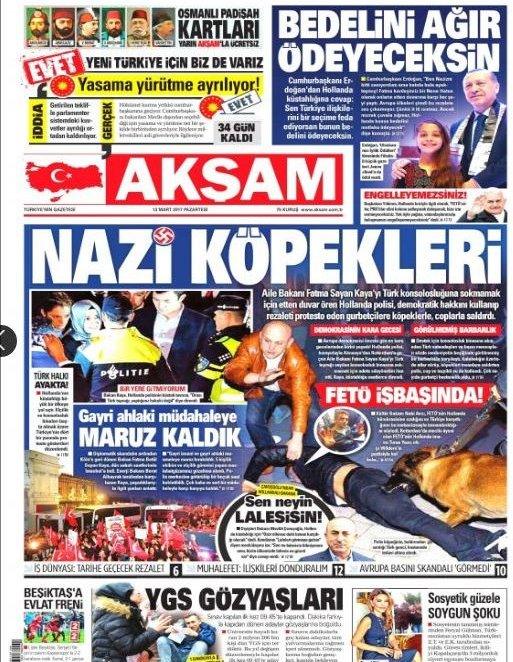 Aksam's front page featured the headline, "Nazi Dogs"