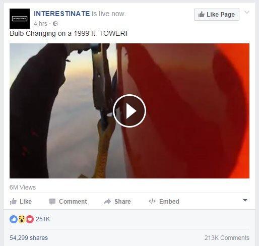 Screengrab of Interestinate's Facebook page, claiming to have live video of a bulb being changed on top of a 1999-foot tower