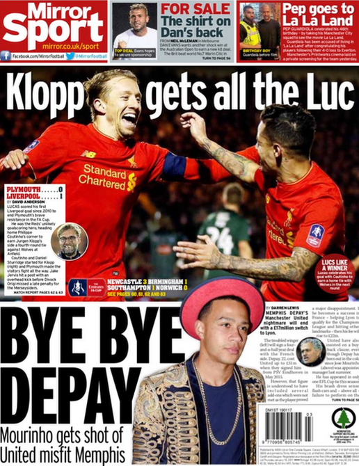 The back page of Thursday's Daily Mirror features the story that Manchester United have agreed a deal to sell Memphis Depay to French club Lyon