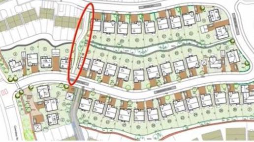 Council planning documents show a plan view of roads and houses, with an oval red line showing where the planned path would have been built