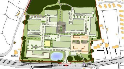 A computer generated map of what the redeveloped site will look like. It shows an outline of the homes, nursery, commercial units and an attenuation pond at the bottom of the map near the A371 road.