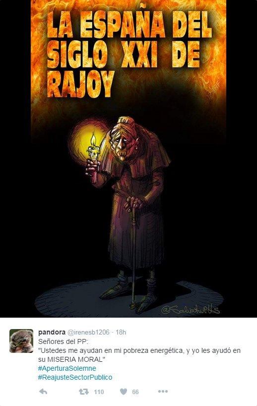 Cartoon posted by Twitter user @irenesb1206 depicting an old woman with a candle, reading: "[Prime Minister Mariano] Rajoy's 21st Century Spain"