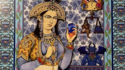 A close-up of the highly elaborate painting of a black-haired woman, wearing a traditional gold headdress and holding a blue globe. Motifs of lion statues holding flags, a near naked man sitting on a pair of scales balanced with blue bags and a purple devil run down the right-hand side of the artwork. The painting features elaborate borders in blues, greens and pinks.