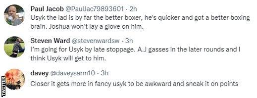 Fans on Twitter who think Usyk beats Joshua, with one saying he will "sneak it on points"