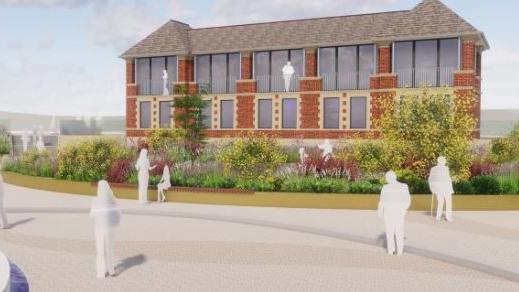 A two-storey artist's impression of the site with white, blanked-out figures of people in the grounds. The building is brown and grey and there is a garden.