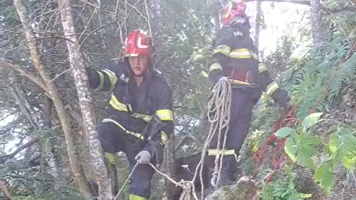 Rescue workers pictured on the edge of a hilltop pathway. They are holding ropes which they are using to hoist up the victim, who is not pictured.