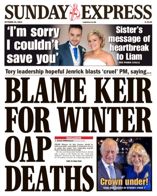 The front page of the Sunday Express reads: "Blame Keir for winter OAP deaths"