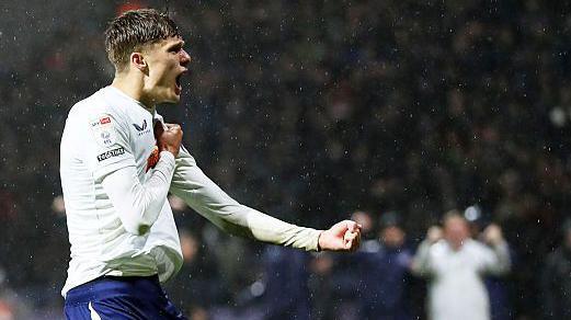 Harrison Armstrong celebrates scoring for Preston against Wrexham