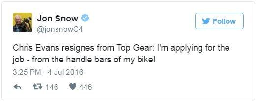 Jon Snow tweets: Chris Evans resignes from Top Gear: I'm applying for the job - from the handle bars of my bike!