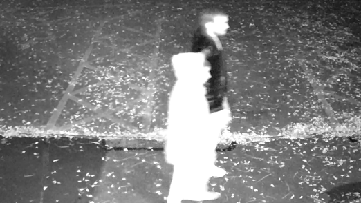 A black and white CCTV image of Pankaj Lamba and Harshita Brella walking side by side. Mr Lamba is wearing a black coat and Ms Brella seems to be wearing a white coat, although the lighting in the image is overexposed. They are walking along a path that has leaves scattered across it.