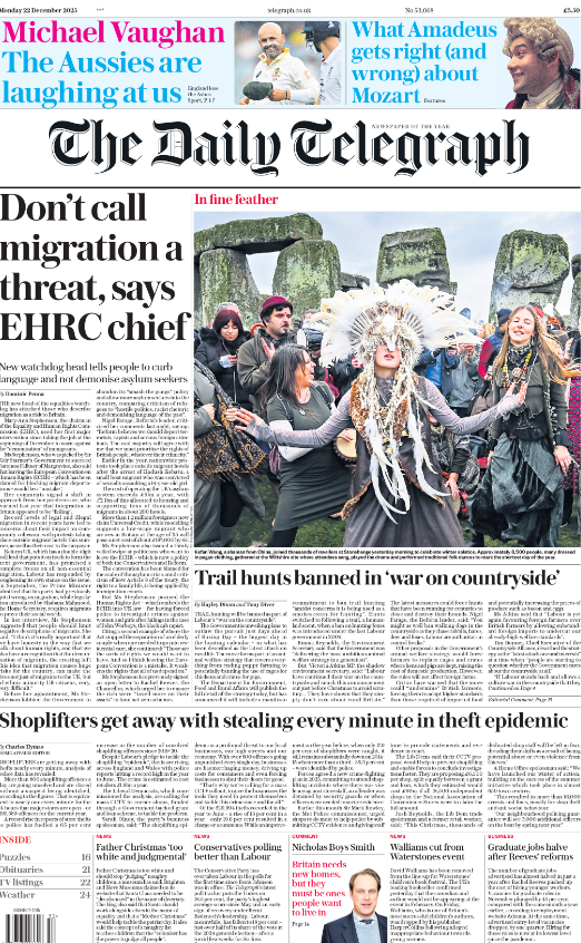 Titulli në faqen e parë të Daily Telegraph thotë: "Mos e quani migrimin kërcënim, thotë shefi i EHRC-së"