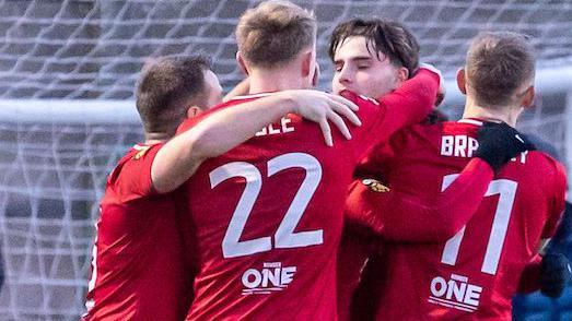 Connah's Quay Nomads celebrate as Callum West makes it 3-1 during the JD Cymru Premier fixture between Connah’s Quay Nomads and The New Saints