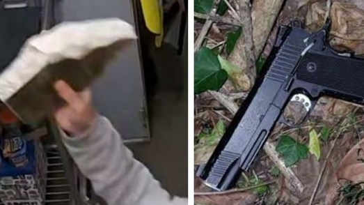 A broken piece of paving slab and an imitation gun.