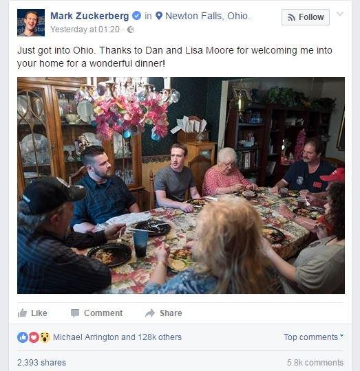 Mark Zuckerberg shared a picture from the dinner with his millions of Facebook followers