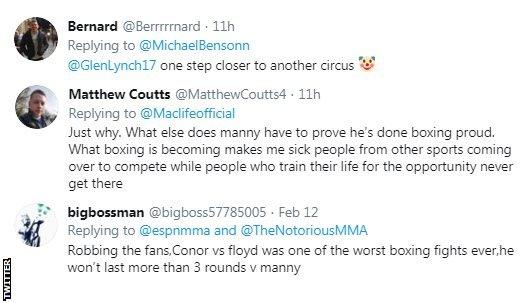 A selection of tweets reacting to a potential McGregor v Pacquiao fight - with saying it would be "another circus" and one predicting that McGregor would not last more than three rounds