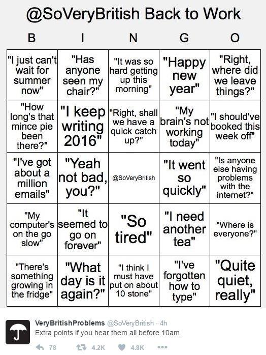 @SoVeryBritish tweets a "back to work" bingo card including phrases like "I keep writing 2016" and "It went so quickly" .