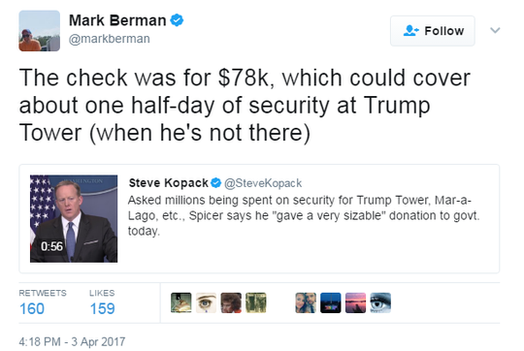 Mark Berman tweets: "The check was for $78k, which could cover about one half-day of security at Trump Tower (when he's not there)".