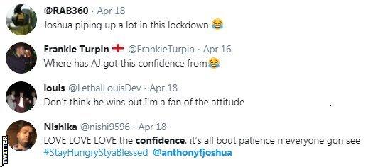 Boxing fans on Twitter are split on whether they like Anthony Joshua's confidence in calling out the top heavyweights. One fan says Joshua is "piping up a lot in this lockdown" while another says he is a "fan of the attitude."