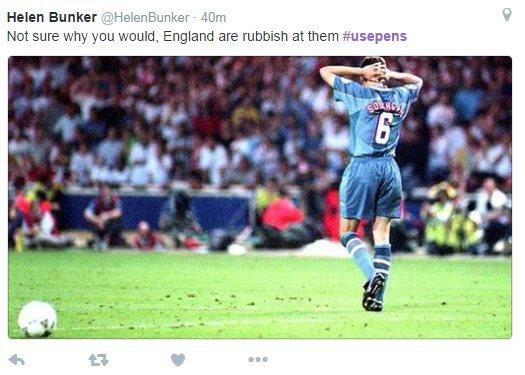 Photo of Gareth Southgate and a football to his left. Tweet reads 'not sure why you would. England are rubbish at them. #usepens