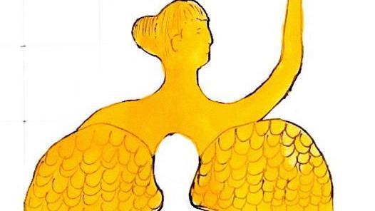 A close up of the top section of the sculpture, which is coloured yellow. It shows a woman with one are in the air, her head and shoulders connect to two angel wings. In the centre a head-shaped section is hollowed out.