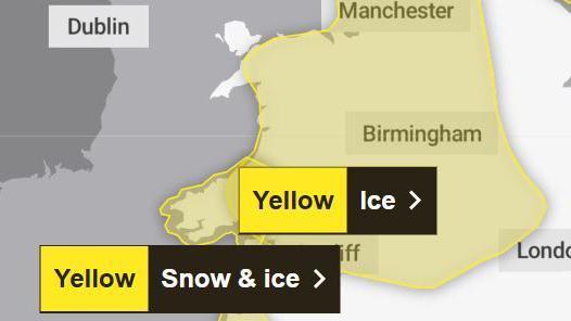 A map of Wales with patches of yellow across the entire country which says Ice Yellow warning. There is a smaller patch of yellow covering Carmarthenshire, Ceredigion, Pembrokeshire, Swansea with a snow warning.