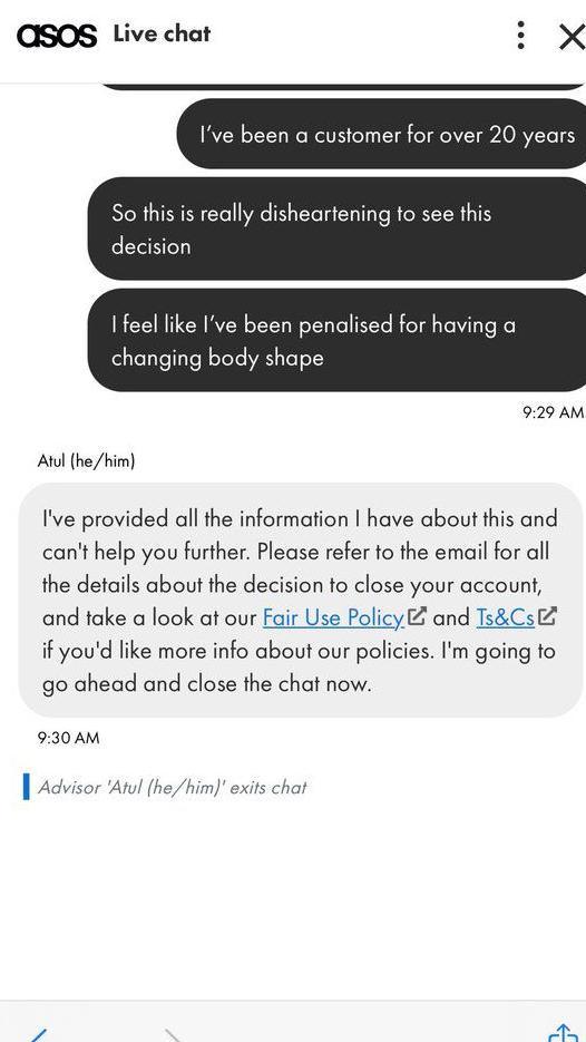 A screenshot of messages in the live chat function of the Asos website.