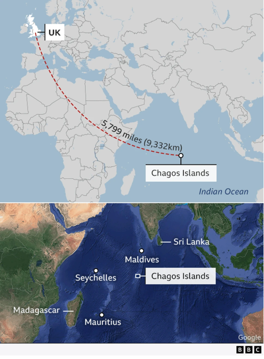 The image shows two maps. One map shows the distance of the Chagos Islands to the UK. The other map shows the Chagos Islands in relation to the coast of Africa, India and Southeast Asia.