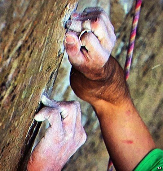 Kevin Jorgeson grips the surface of the Razor Edge during what has been called the hardest rock climb in the world