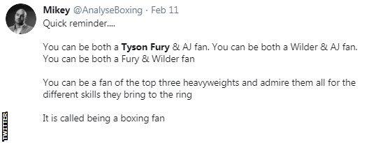 A screengrab of a tweet saying that you can be a fan of all three top heavyweights - Anthony Joshua, Tyson Fury and Deontay Wilder