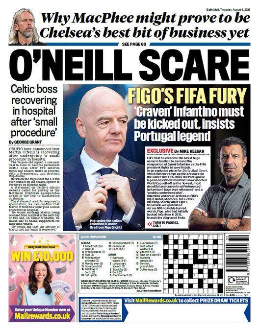 Back page of the Scottish Mail leads on Figo's Infantino comments and O'Neill hospital stay