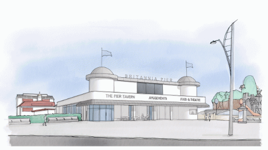 Artist's impression of the new facade of the Britannia Pier, showing a modern building with two flagged domes and glass panelling