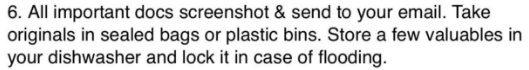 Detail of Twitter post of top tips: "6. All important docs screenshot & send to your email. Take originals in sealed bags or plastic bins. Store a few valuables in your dishwasher and lock it in case of flooding."